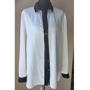 Anne Klein Black White Color block Blouse Button Front Career Top